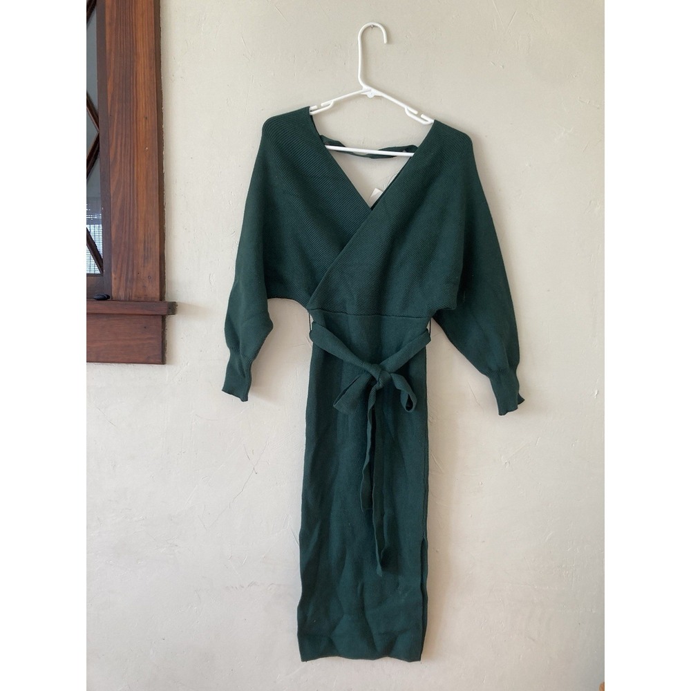 Idem Ditto Oversized 3/4 Sleeve Forest Green Sweater Mini Dress Faux Wrap M NWT